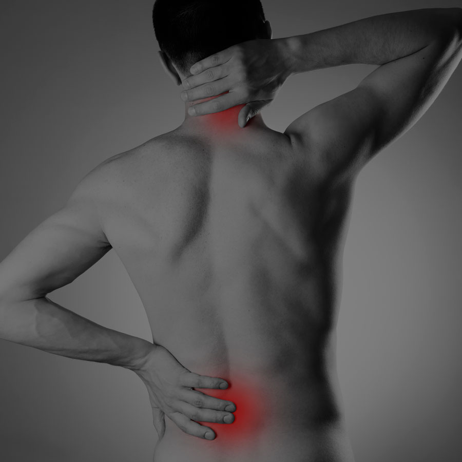 Picture of man holding neck and lower back with neck pain, lower back pain